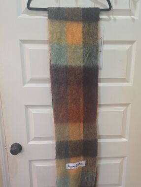 Acne Plaid Mohair-Blend Scarf in Green, Mustard, Brown, Gray, Cream